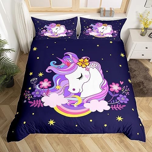 Unicorn Duvet Cover for Children Unicorn 140 x 200 cm Girls Purple Unicorn Bedding Flower Horse Bedding Set Pink Yellow Bow - Sky Unicorn Duvet Cover Unicorn Bedding Set with Zipper